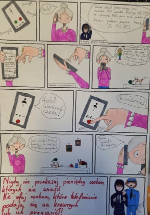 rysunek konkursowy dziecka, na którym widać seniorkę rozmawiającą przez telefon komórkowy.