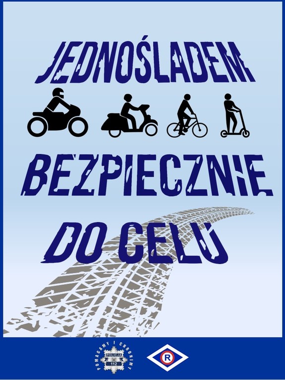Grafika dekoracyjna. Plakat kampanii z człowiekiem na rowerze, motorowerze, motocyklu i hulajnodze.