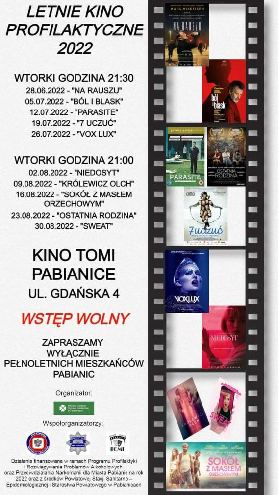 Plakat dotyczący terminów, godzin i tytułów wyświetlanych filmów.