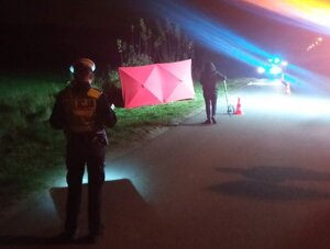 Policjantka wykonująca oględziny na miejscu wypadku drogowego.