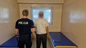 Policjant stoi z zatrzymanym mężczyzną.