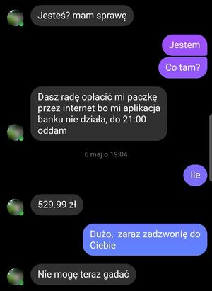 Zdjęcie przedstawia screen rozmowy z oszustem.