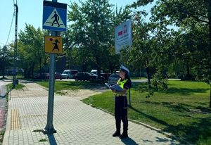 Policjantka stoi przy przejściu dla pieszych i patrzy na znaki drogowe.