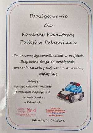 Zdjęcie podziękowań przekazanych przez dyrekcję Przedszkola.