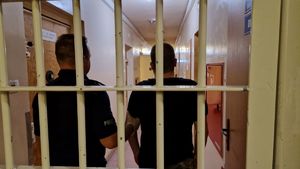 Policjant z zatrzymanym mężczyzną. Obaj stoją za kratami.