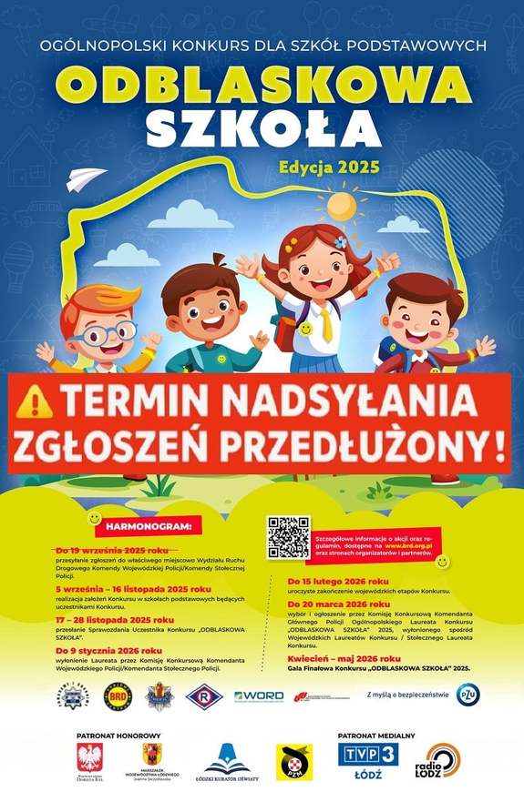 Plakat odblaskowa szkoła z napisem: termin przesyłania zgłoszeń przedłużony. Grafika dzieci na tle mapy Polski.
