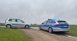 Srebrna osobówka stojąca obok policyjnego radiowozu.