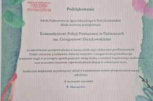 Podziękowania dla Komendanta Powiatowego Policji w Pabianicach.