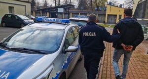 Umundurowany policjant prowadzi mężczyznę do oznakowanego radiowozu.