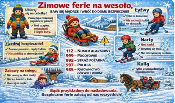 Grafika ilustrująca dzieci podczas zimowych zabaw.