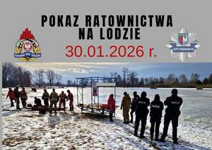 Plakat promujący wydarzenie, na nim służby nad zamarzniętym zbiornikiem wodnym i loga organizatorów.