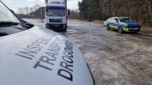 Pojazd inspekcji Transportu Drogowego, w tle policyjny radiowóz i samochód ciężarowy.