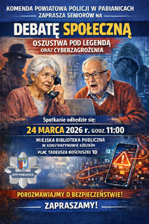 Grafika z informacjami dotyczącymi zaplanowanego przedsięwzięcia. Na niej senior przed komputerem i seniorka z telefonem przy uchu. W tle dwie postacie oszustów.