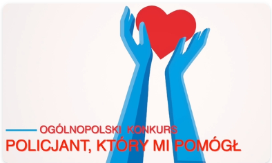 Grafika dekoracyjna. Niebieskie ręce trzymające czerwone serce. Na dole napis: Ogólnopolski konkurs Policjant, który mi pomógł.