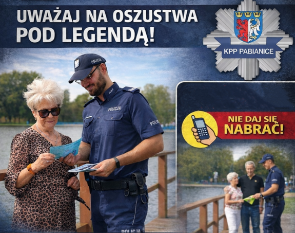 Grafika na której widać policjanta rozmawiającego z seniorami, logo Komendy Powiatowej Policji w Pabianicach oraz napis: uważaj na oszustwa pod legendą.