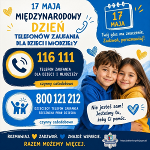 Plakat informujący o Międzynarodowym Dniu Telefonów Zaufania dla Dzieci i Młodzieży