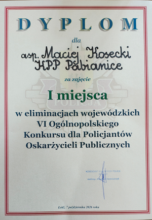 dyplom za zajecie pierwszego miejsca dla Macieja Koseckiego